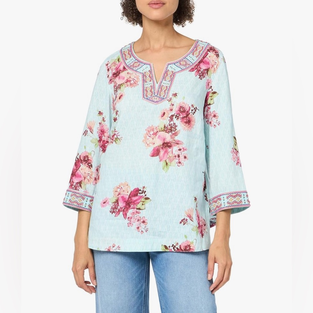 NWT John Mark Plus 2X Floral Print Embroidered Beaded 3/4 Sleeves Tunic